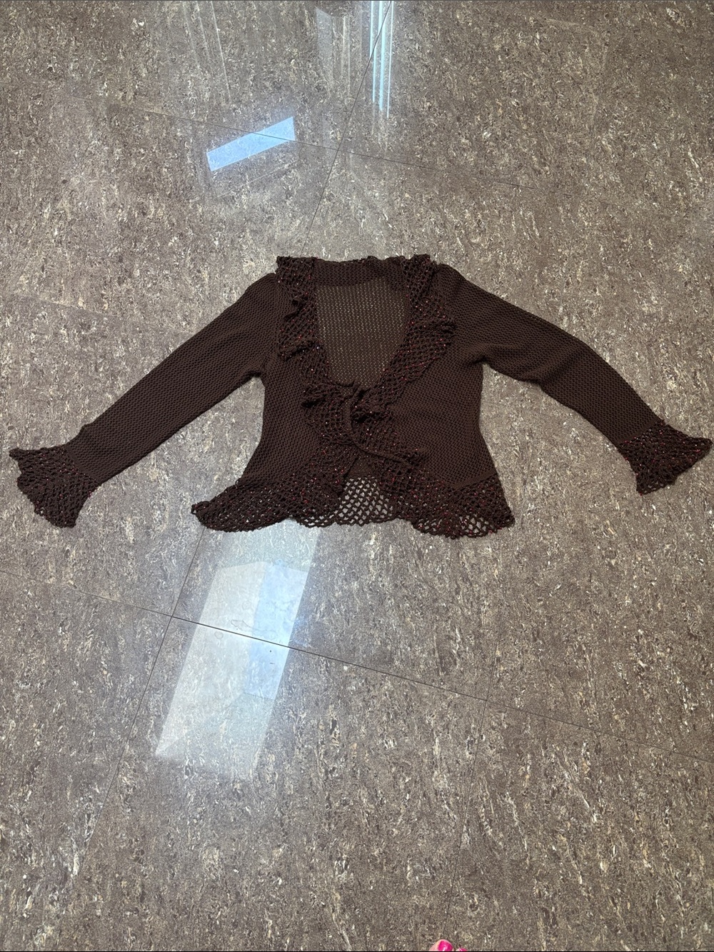 Brown Crochet-Trim Open-Front Women's Cardigan
